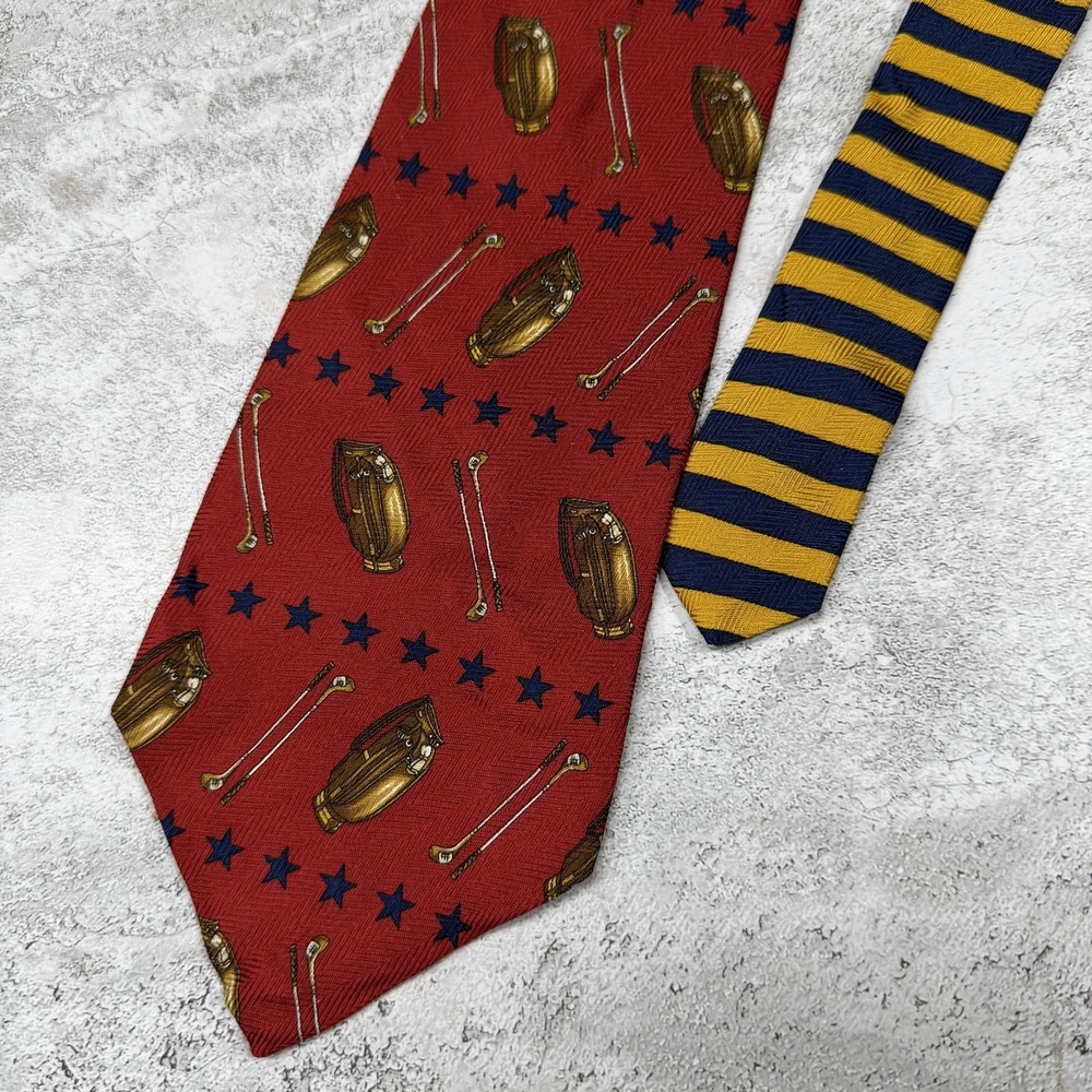 Tommy Hilfiger Silk Tie Mens One‎ Size Red Golf Herringbone Stars Made In USA